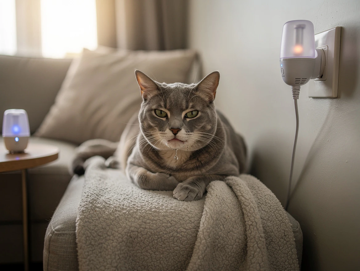 Cat with uncomfortable expression showing stress-induced drooling thick saliva