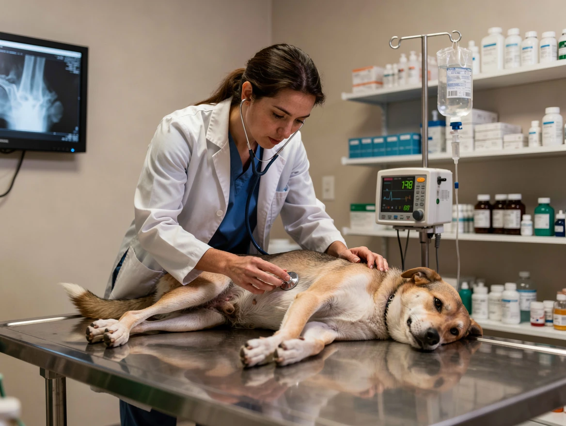 My dog won't eat — veterinarian examining lethargic dog in emergency clinic setting