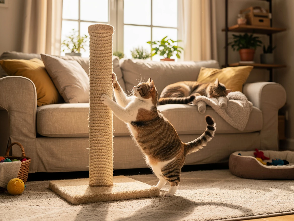 Cat using scratching post next to couch — redirecting scratching behavior
