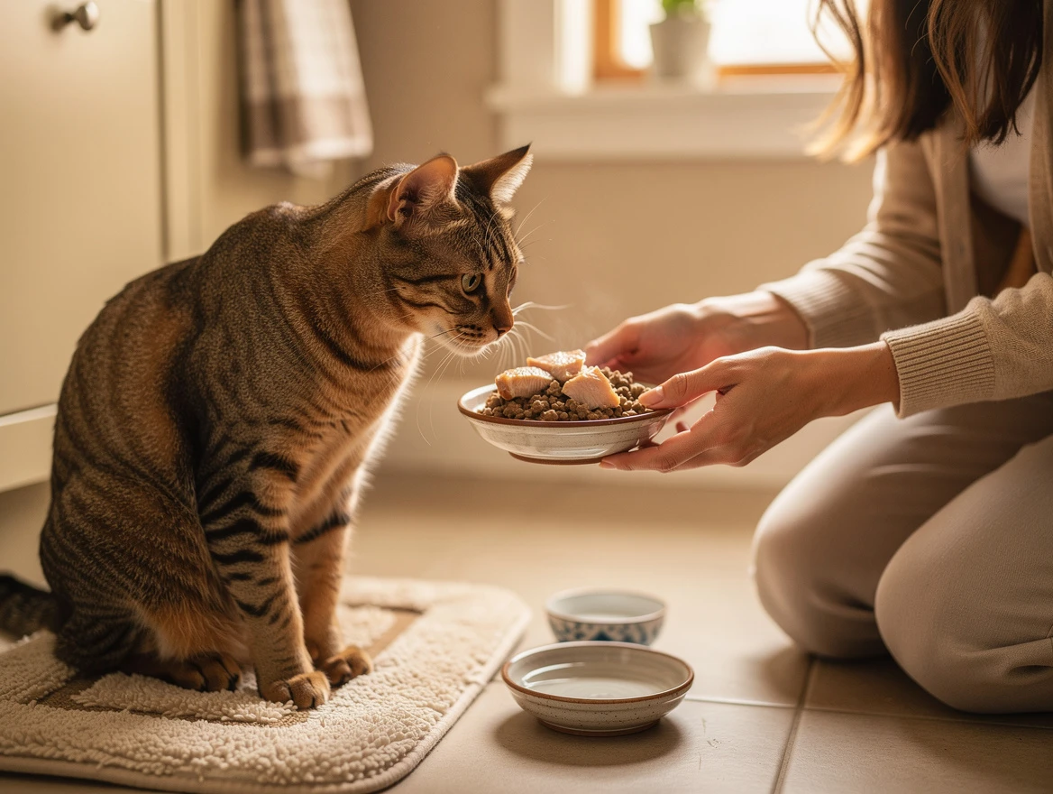 Owner offering warmed wet food to a reluctant cat — what to feed a sick cat that won't eat