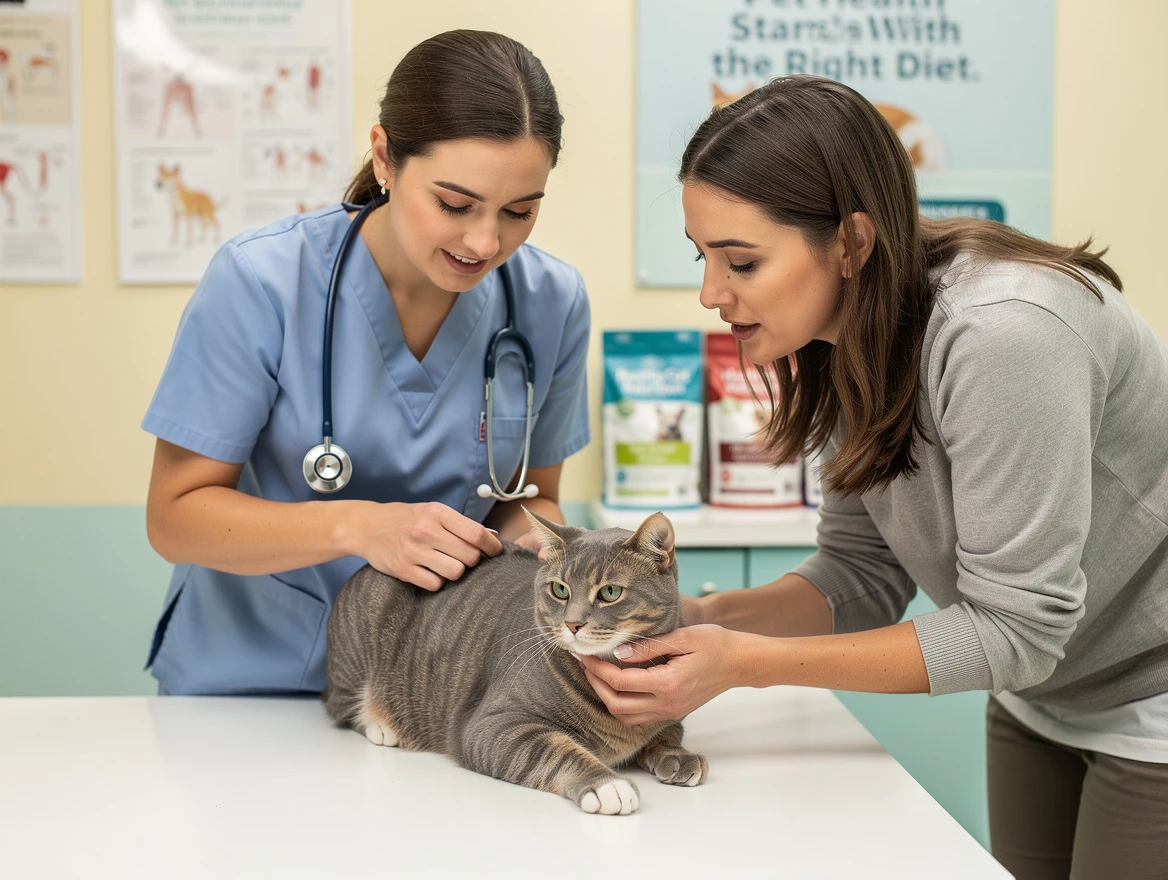 Veterinarian examining cat and discussing dietary health plan