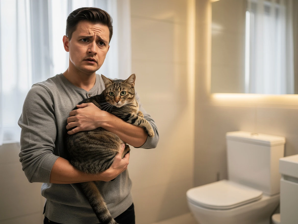 Worried cat owner holding cat in bathroom after toilet cleaner exposure