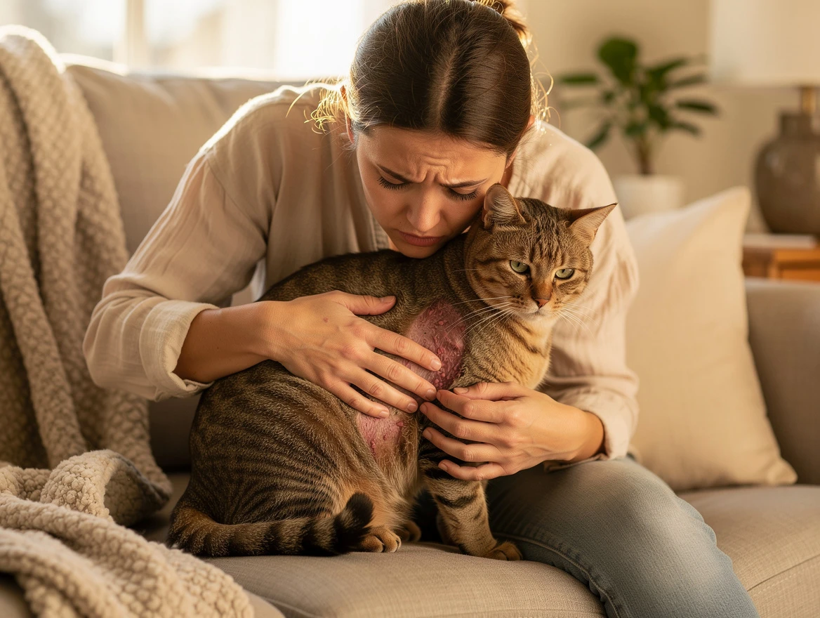 Cat owner examining cat with itchy irritated skin โ how can I soothe my cat's itchy skin