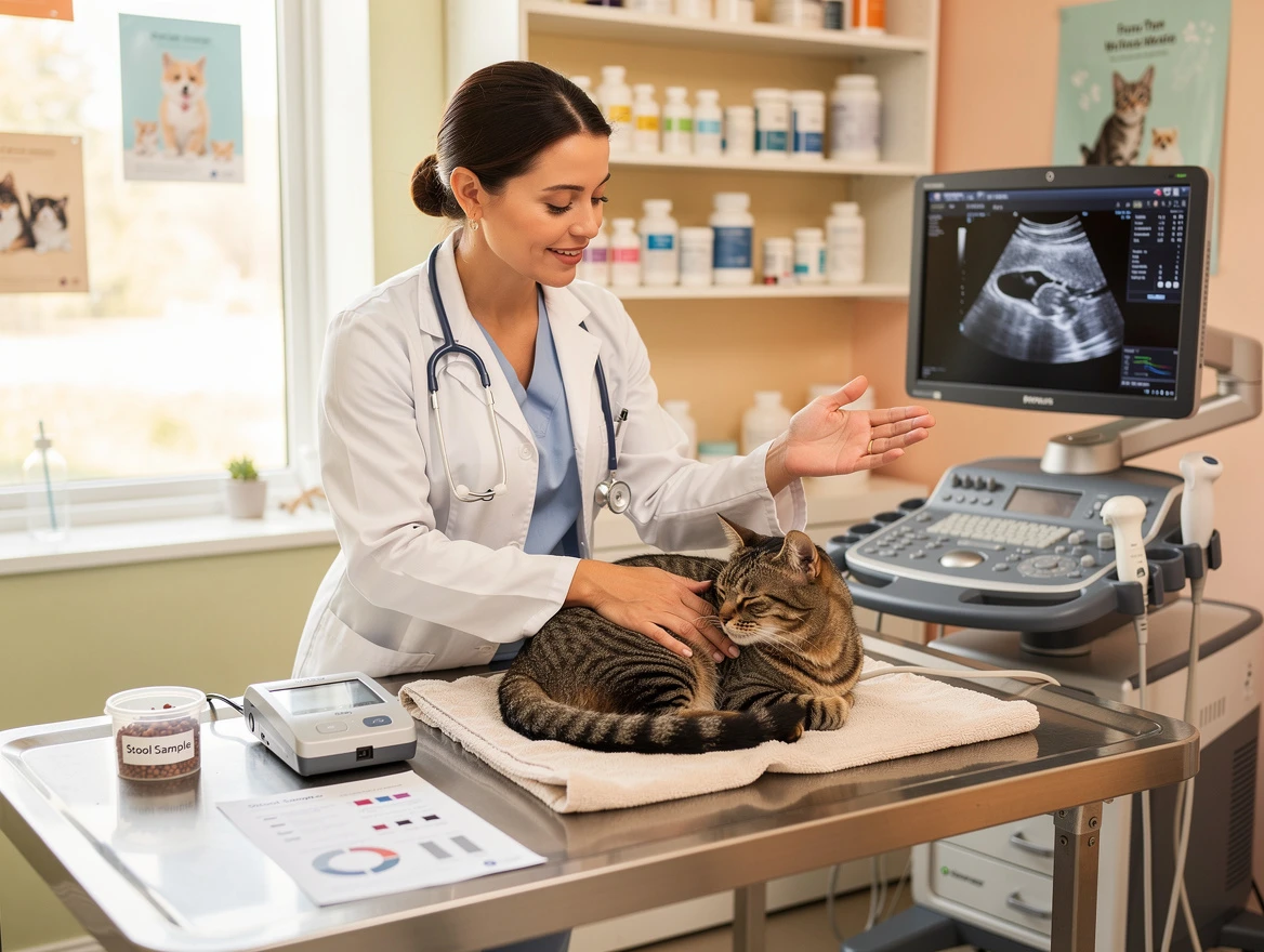 Veterinarian examining cat with stool analysis — diagnosing blood in cat stool