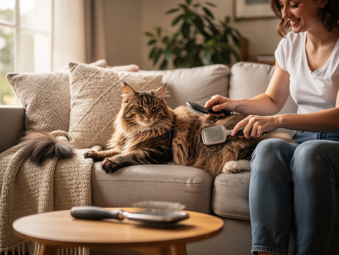 Cat being brushed during grooming session — reducing pet hair at the source