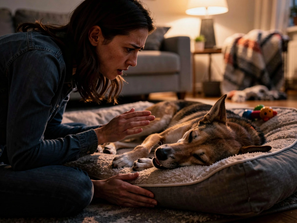 Pet owner observing dog twitching and barking softly during sleep