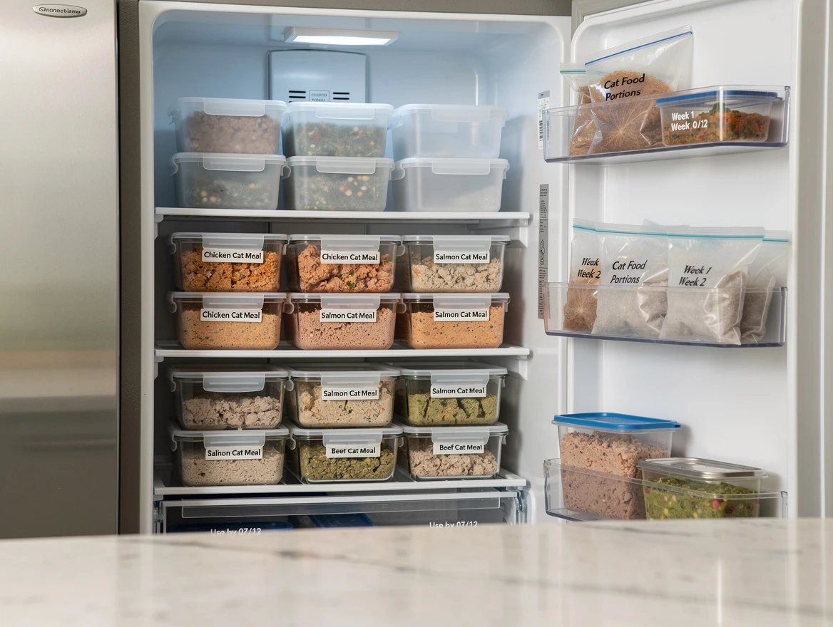 Labeled airtight containers of home cooked cat food recipes in refrigerator