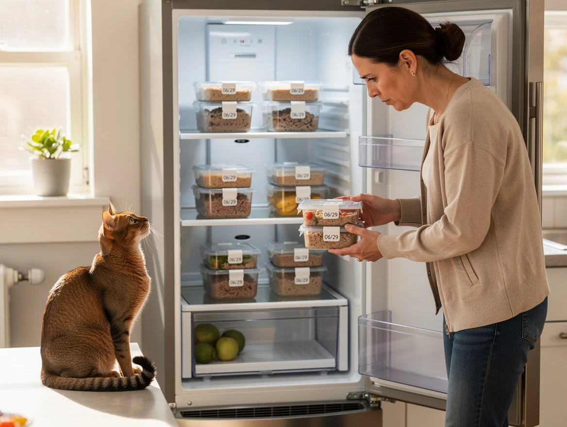 Leftover wet cat food stored in sealed containers in refrigerator