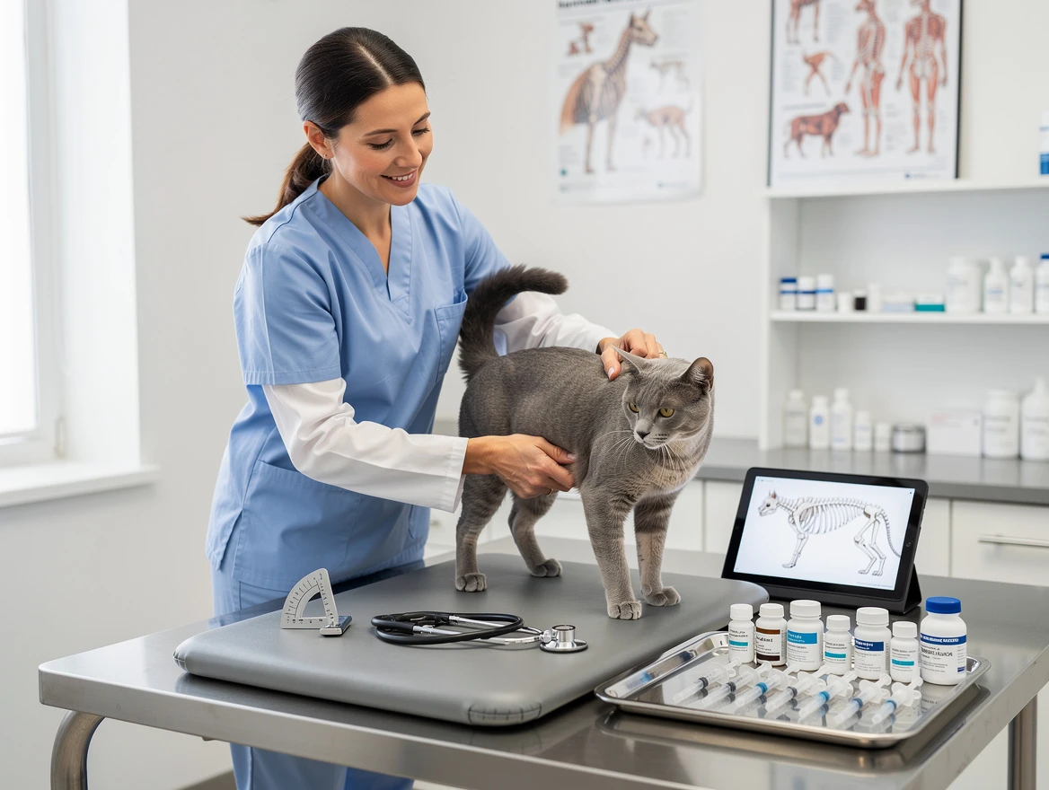 Veterinarian examining limping senior cat on exam table