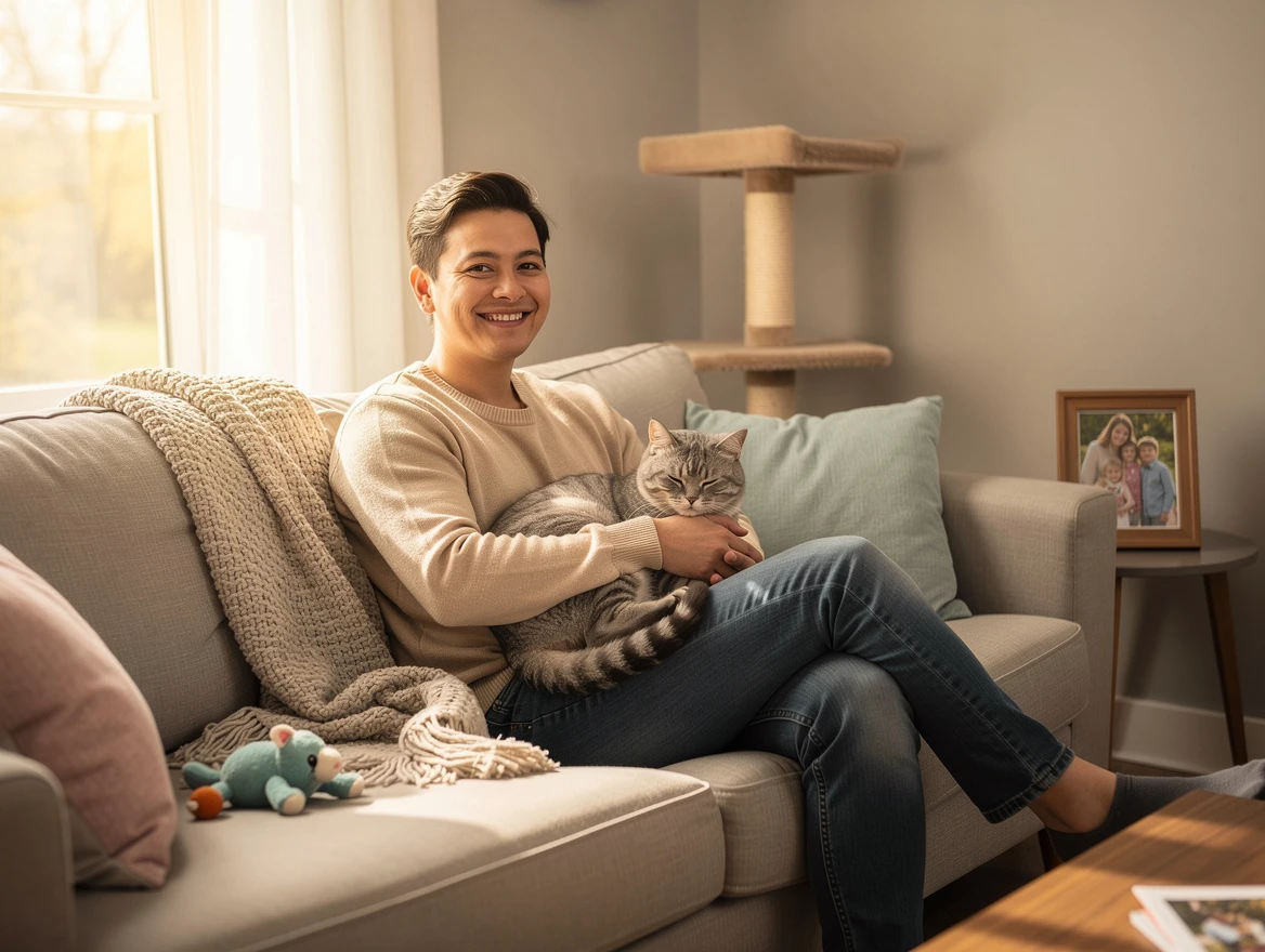 Person sitting with a calm cat on their lap — how to make my cat an emotional support animal