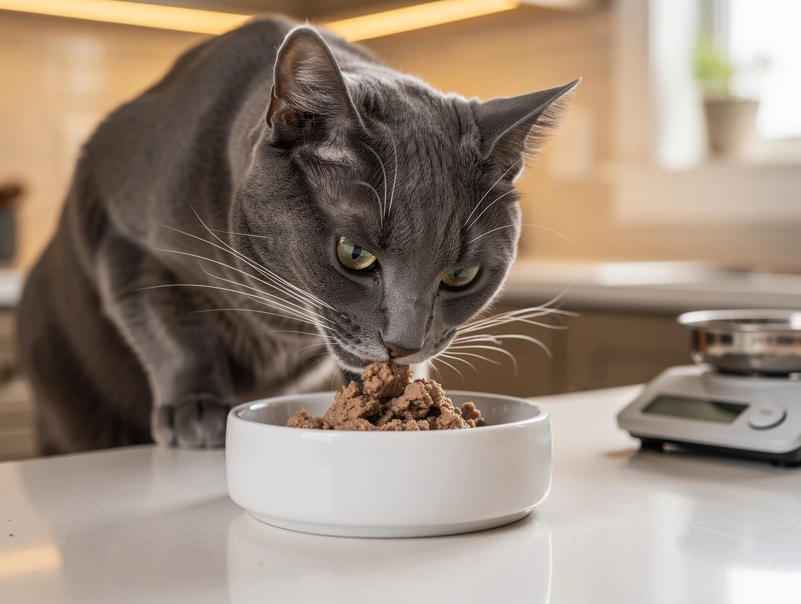 Cat eating wet food from a clean bowl — how much wet food to feed a cat
