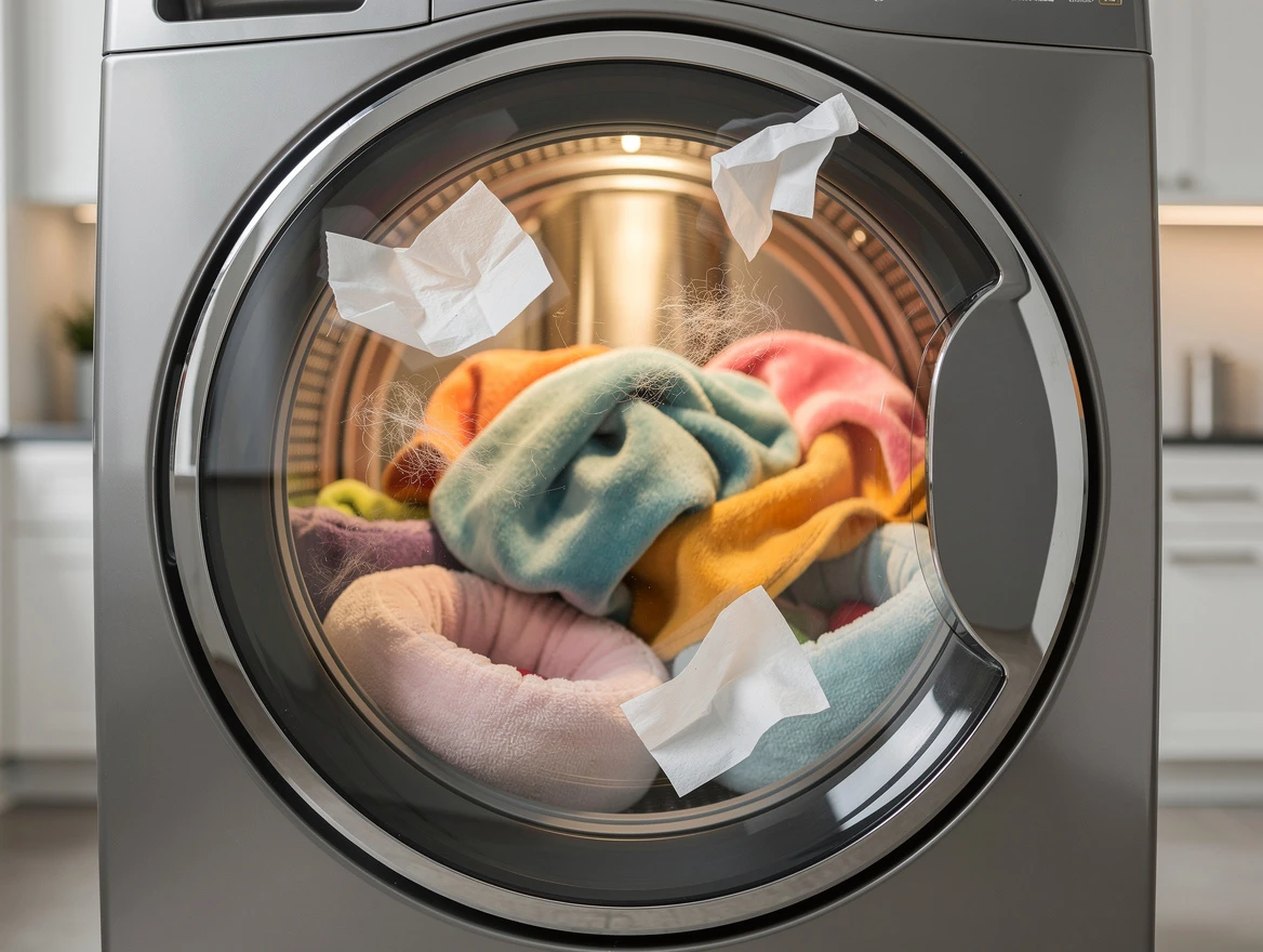 Laundry tumbling in dryer with dryer sheets — reducing pet hair static cling