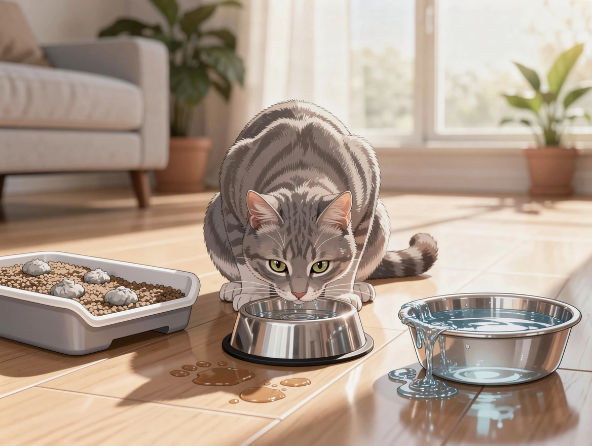 Cat drinking excessively from water bowl — first diabetic cat sign