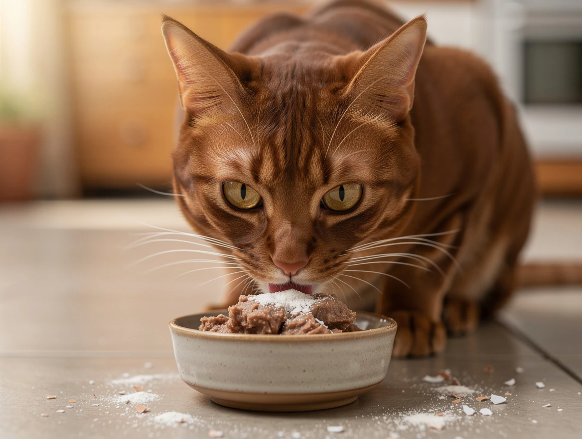 Healthy cat eating wet food with eggshell powder supplement — calcium benefits