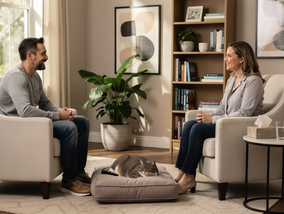 Therapist in office with client and cat — how to get an ESA letter for your cat