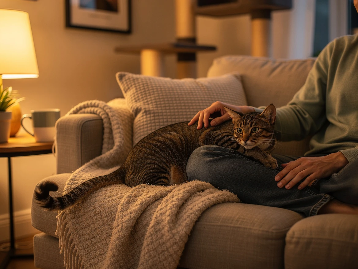 Person petting cat with twitching tail — signs of overstimulation during petting