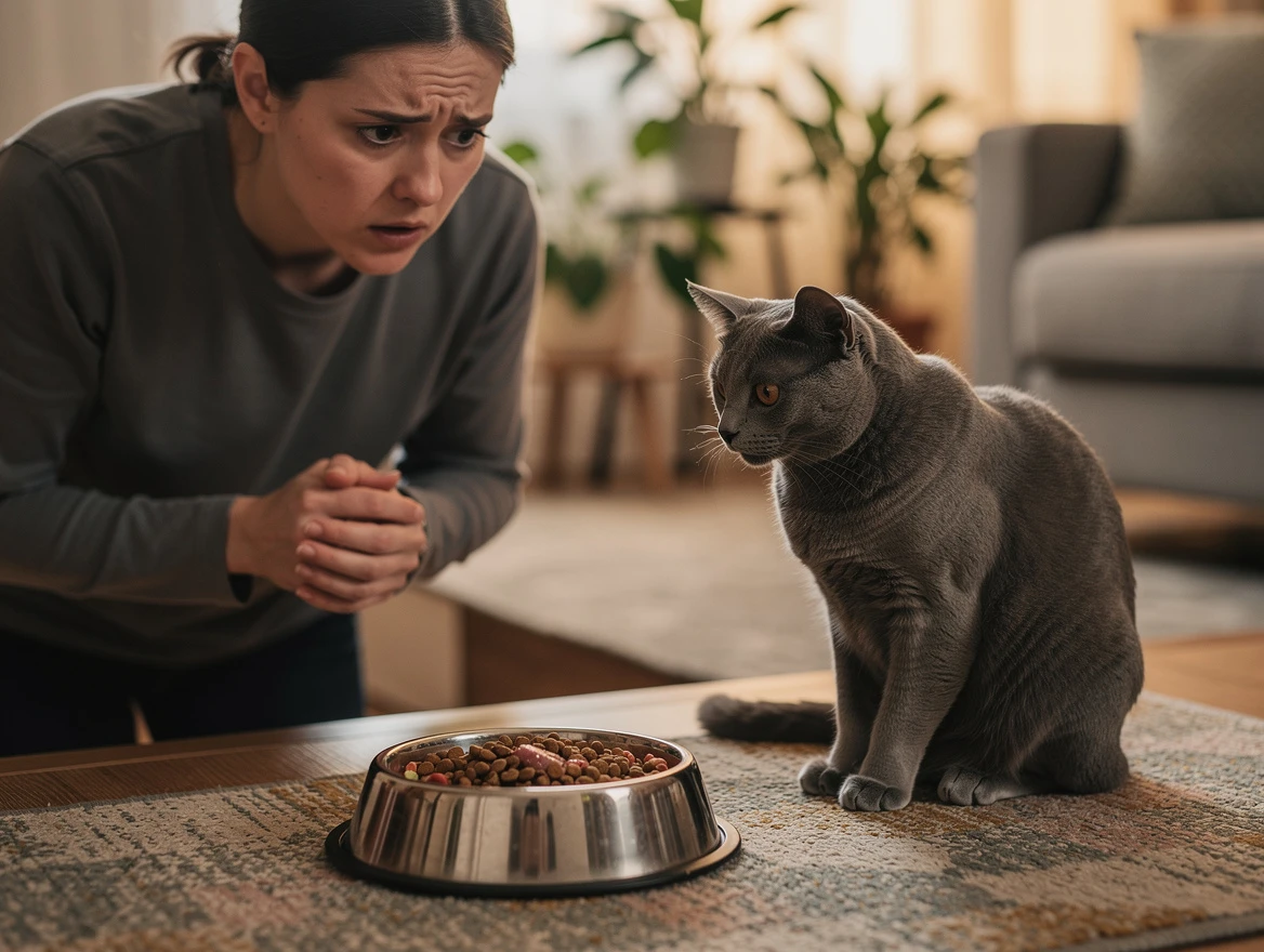 Worried cat owner looking at cat's untouched food bowl — my cat won't eat