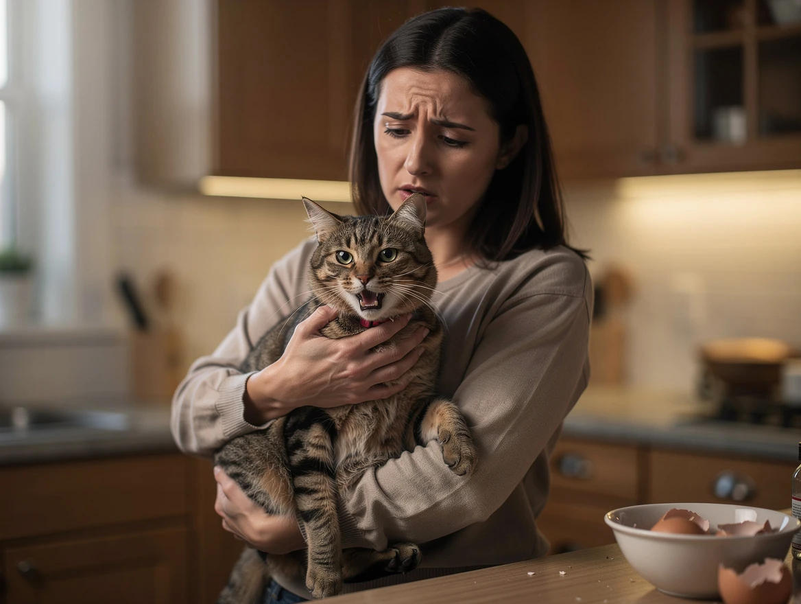 Cat owner concerned about cat eating eggshell pieces — choking risk warning