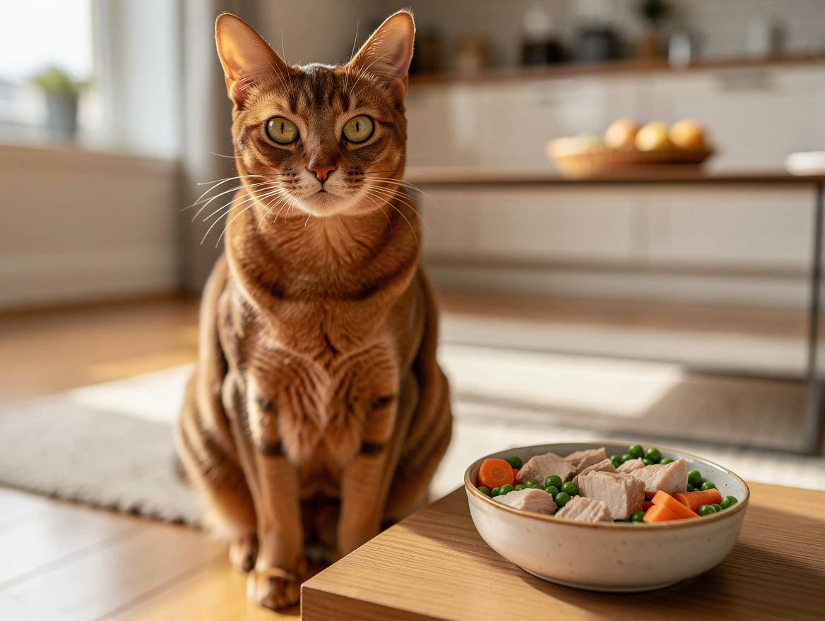 Healthy cat with shiny coat — result of balanced home cooked cat food recipes