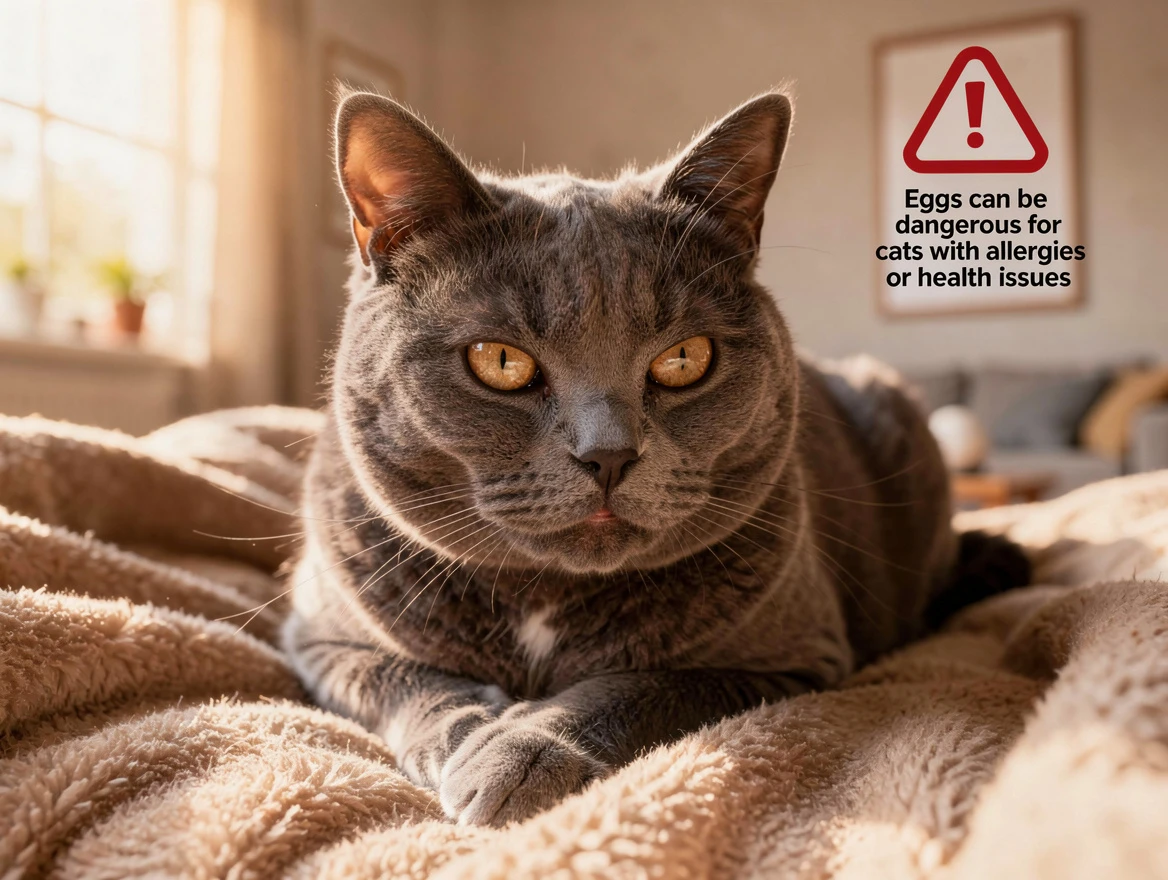 Concerned cat showing distress — raw eggs are dangerous for cats