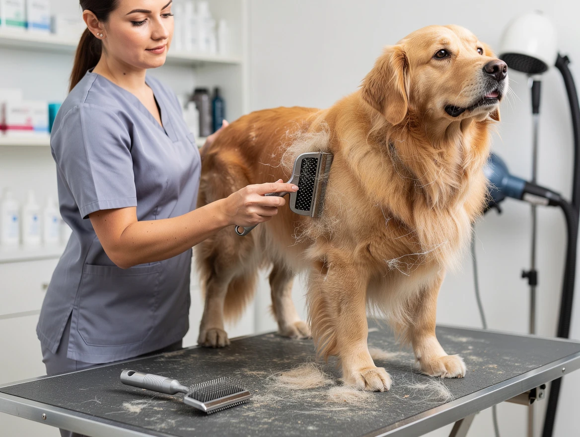 Professional grooming with slicker brush and deshedding tool on thick-coated dog