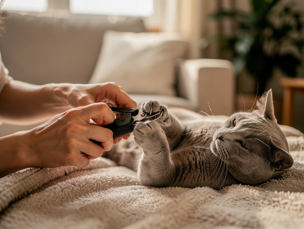 Person trimming a calm cat's claws — regular nail trimming reduces furniture scratching damage