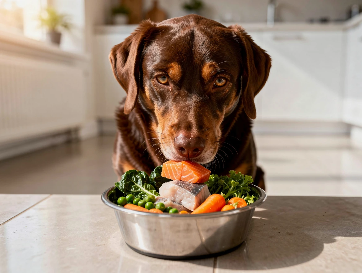 Healthy dog eating omega-rich balanced meal — diet impact on coat health