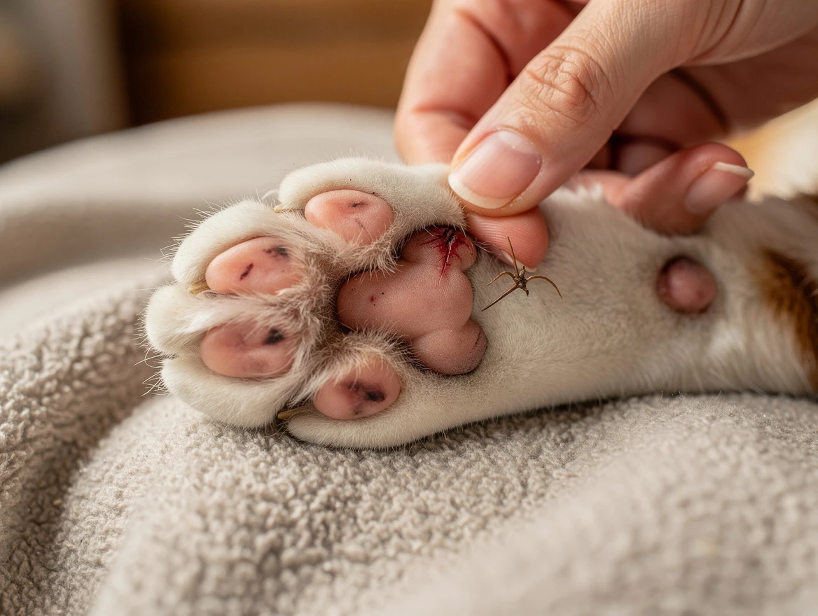 Close-up of cat paw being inspected for injuries — home check for limping