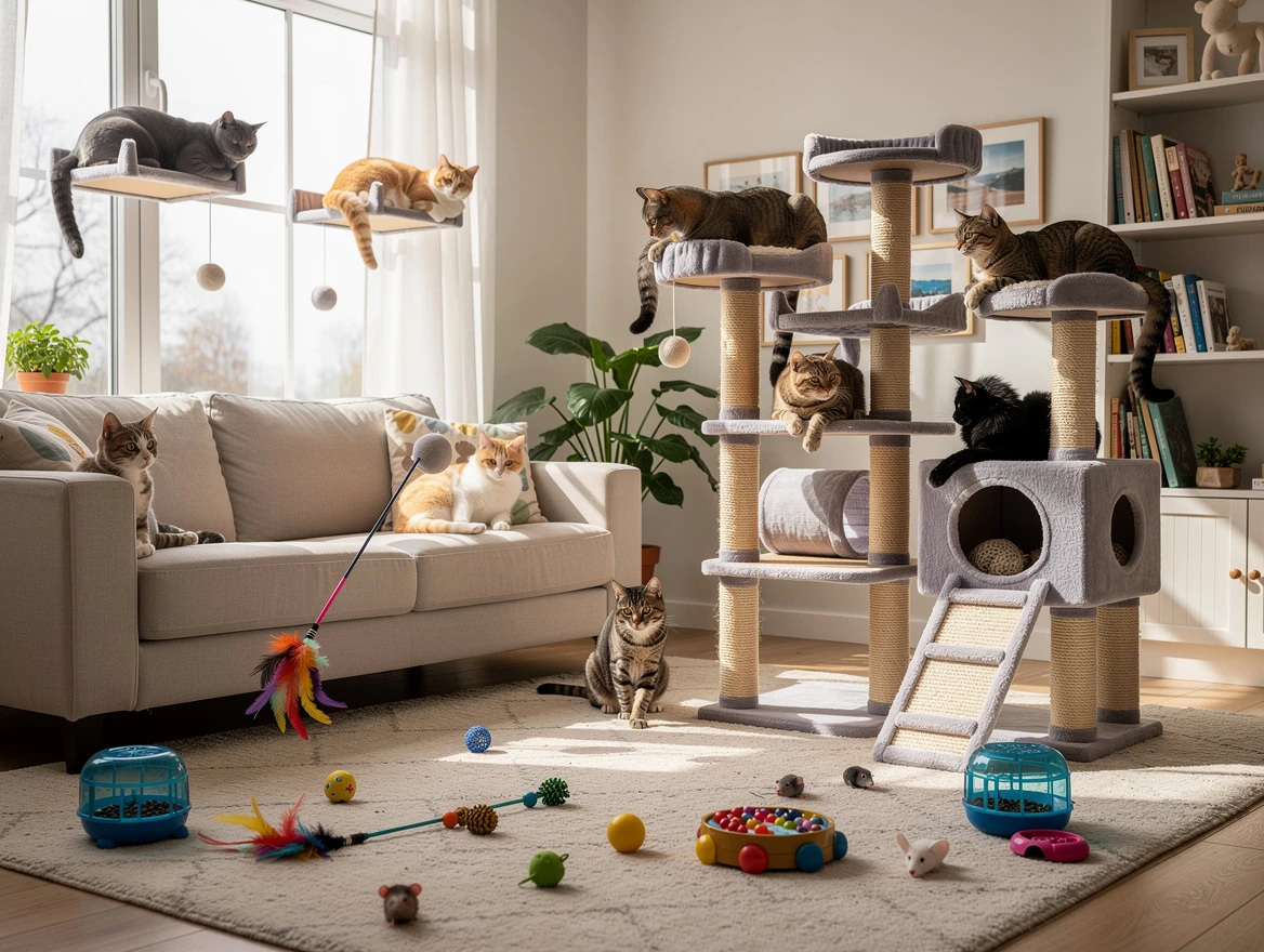 Cats playing in enriched environment with climbing trees and toys — reduces furniture scratching from boredom