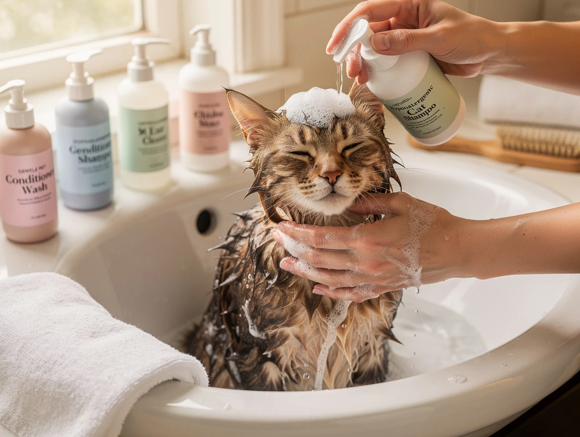 Cat being bathed with hypoallergenic oatmeal shampoo for itchy skin relief