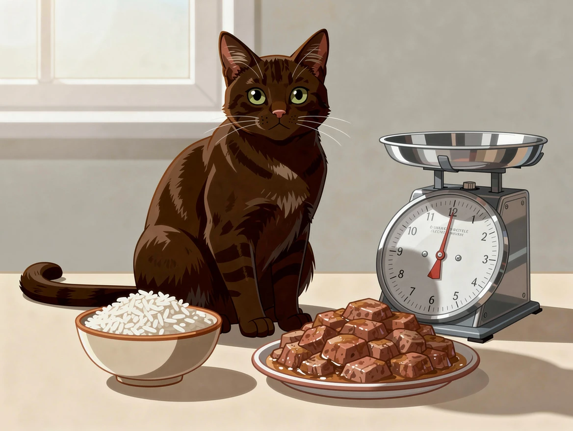 Healthy cat with rice bowl and cat food showing proper nutrition balance