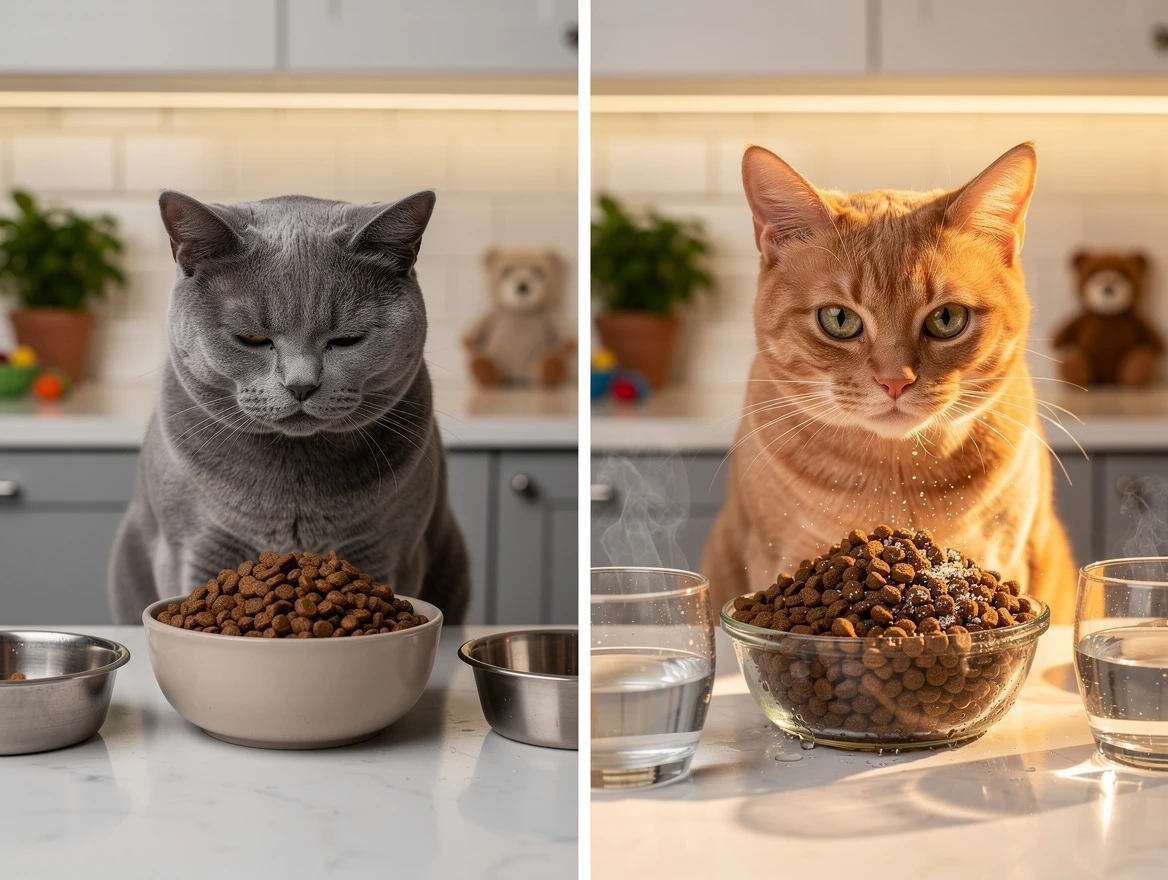 Cat refusing dry kibble vs happily eating rehydrated food — improved palatability