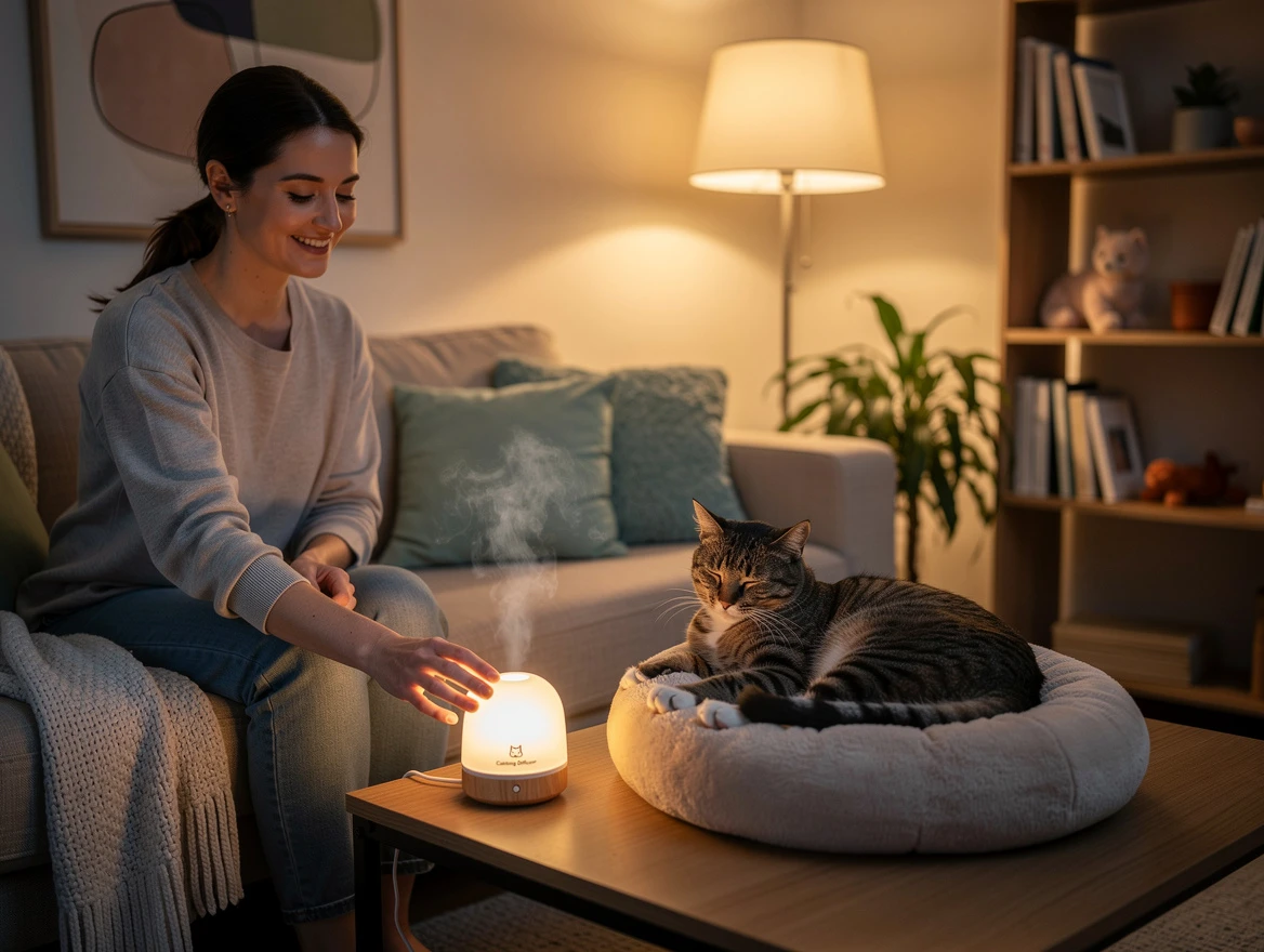 Cat owner using pheromone diffuser near relaxed cat — calming anxiety to reduce sleep startles