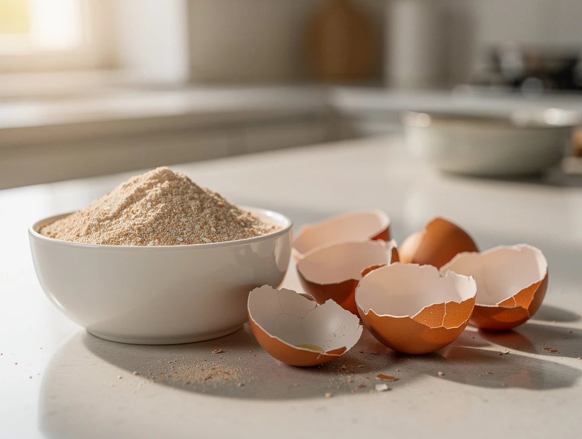 Close-up of finely ground eggshell powder next to whole boiled eggshells — proper preparation