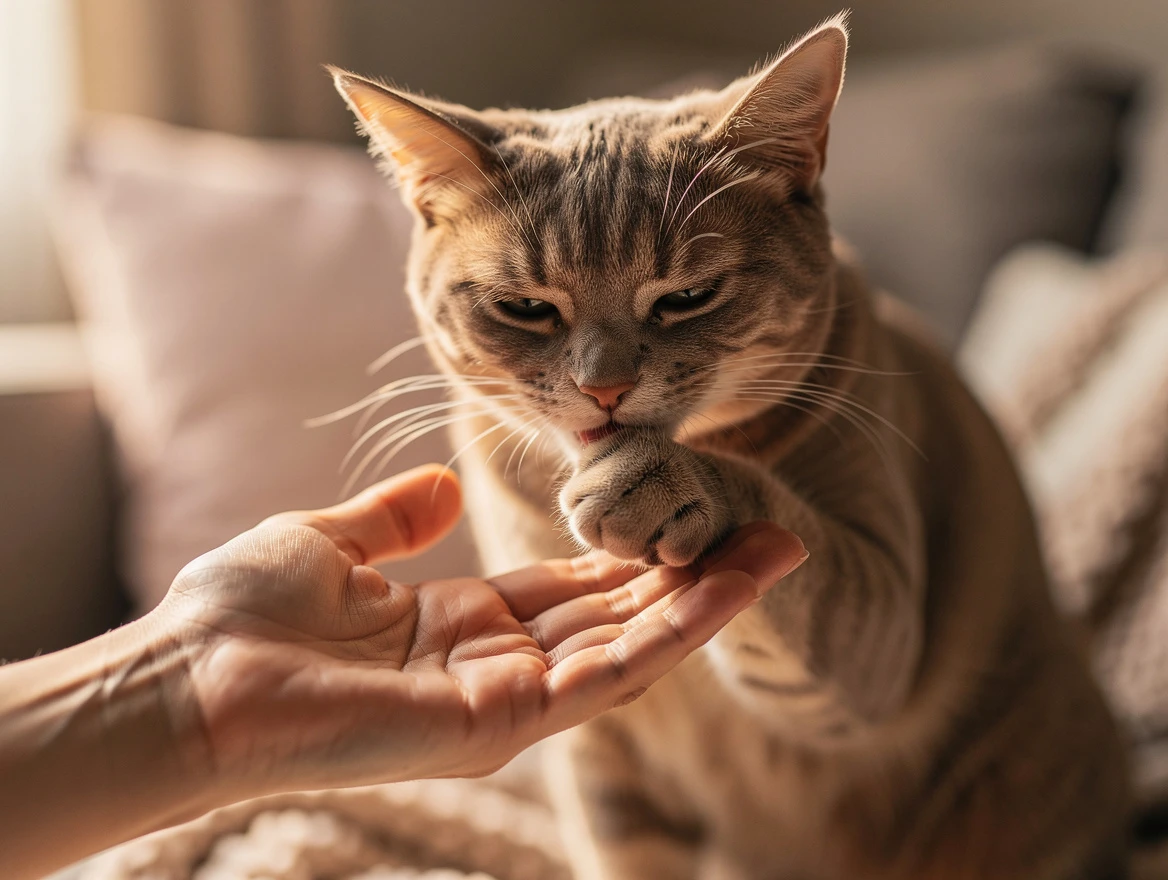 Cat giving gentle bite to hand showing boundary setting during petting