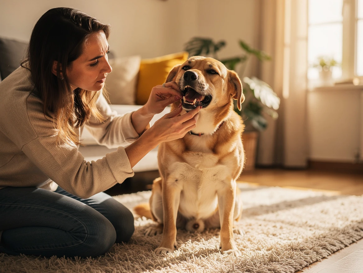 Why my dog won't eat his food — owner checking dog's mouth for dental pain and oral health issues