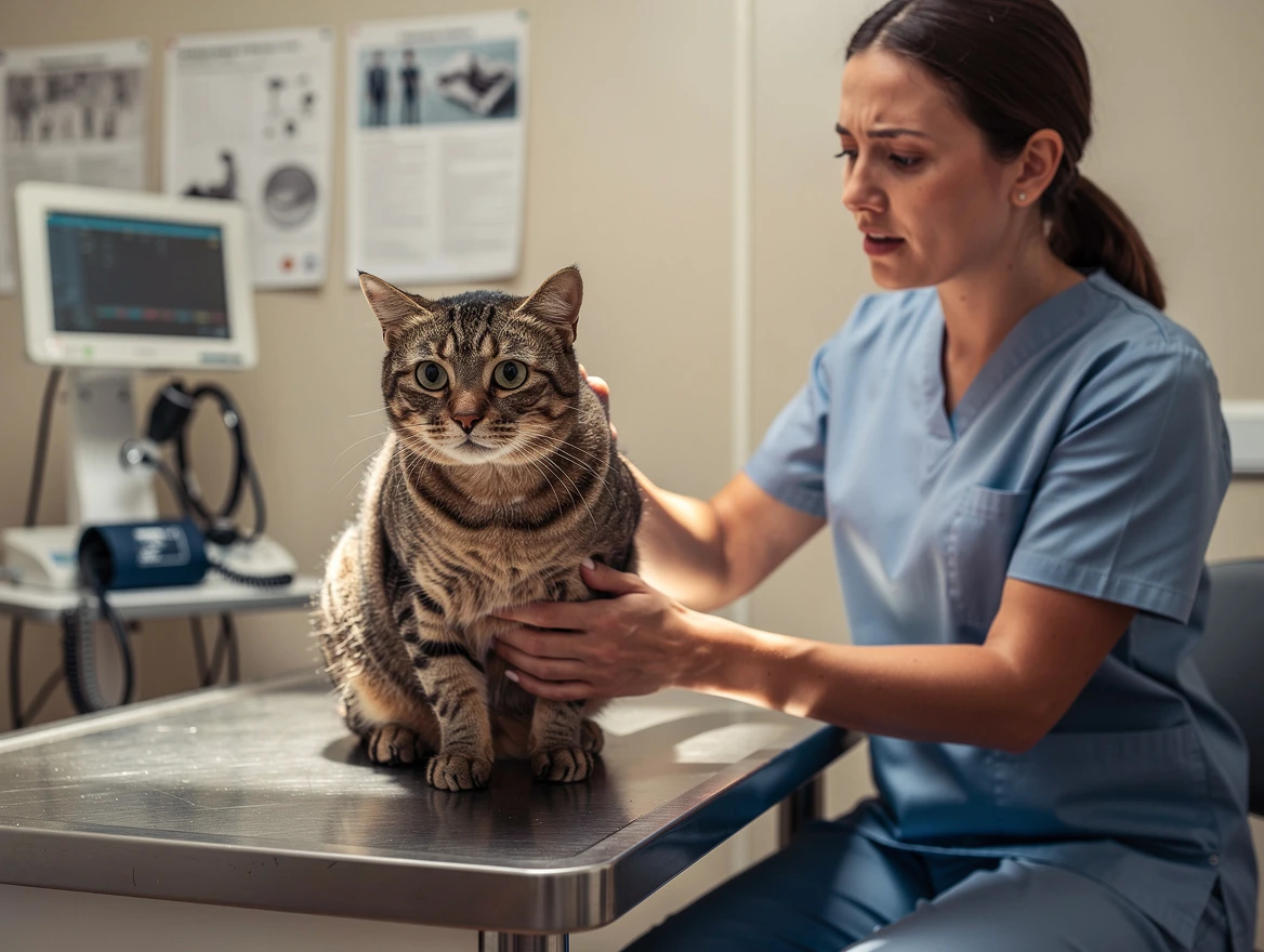 Veterinarian examining cat for pain or neurological issues causing sleep startles
