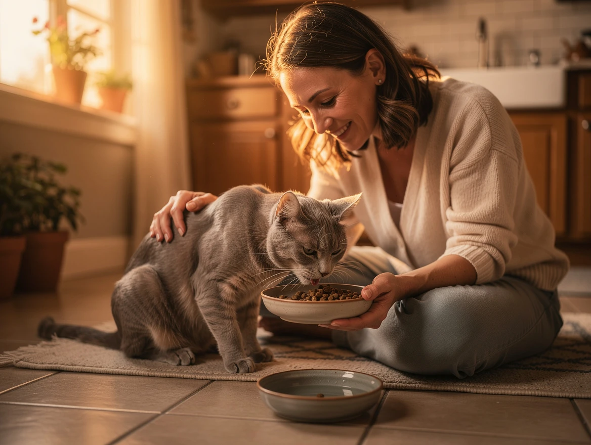 Owner feeding senior cat soft rehydrated kibble — benefits of rehydrating cat food
