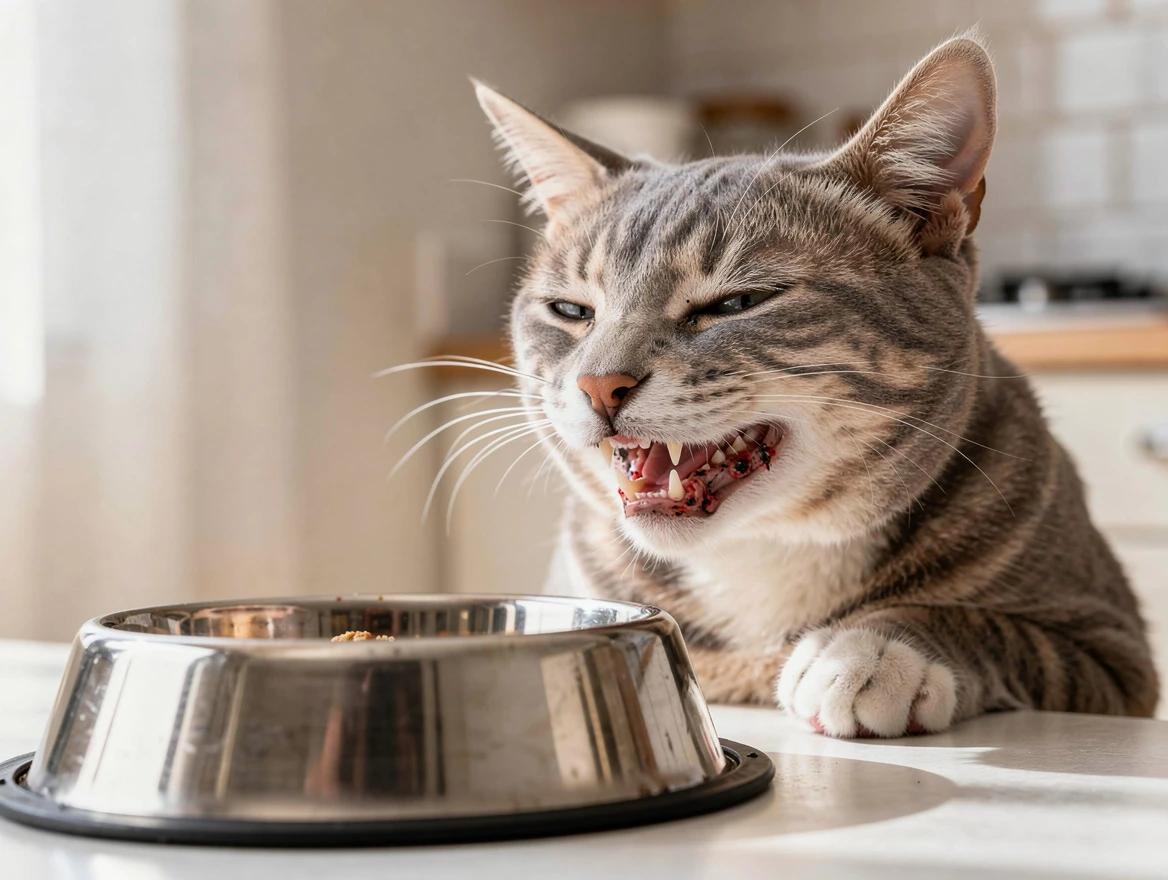 Cat with dental issues near food bowl — dental pain causes cats to stop eating
