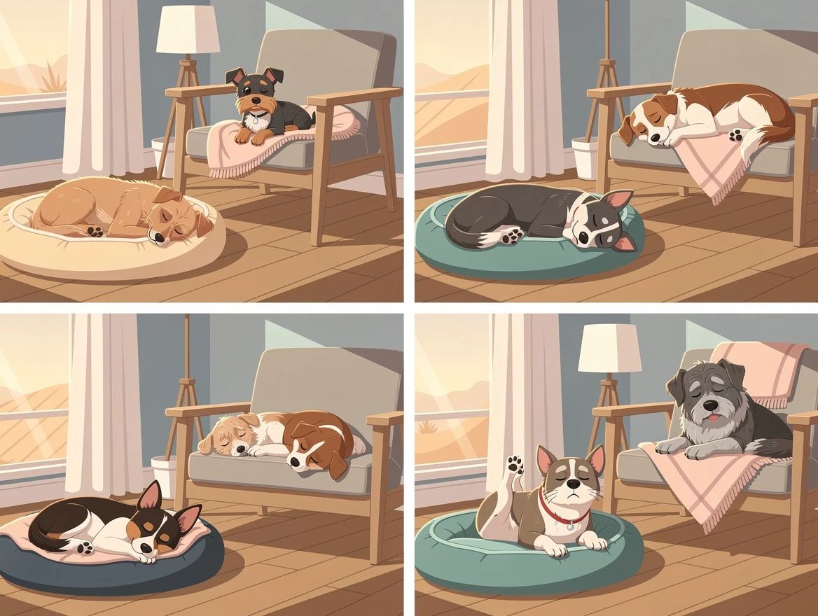 Different dog breeds in various sleep positions — breed affects sleep barking