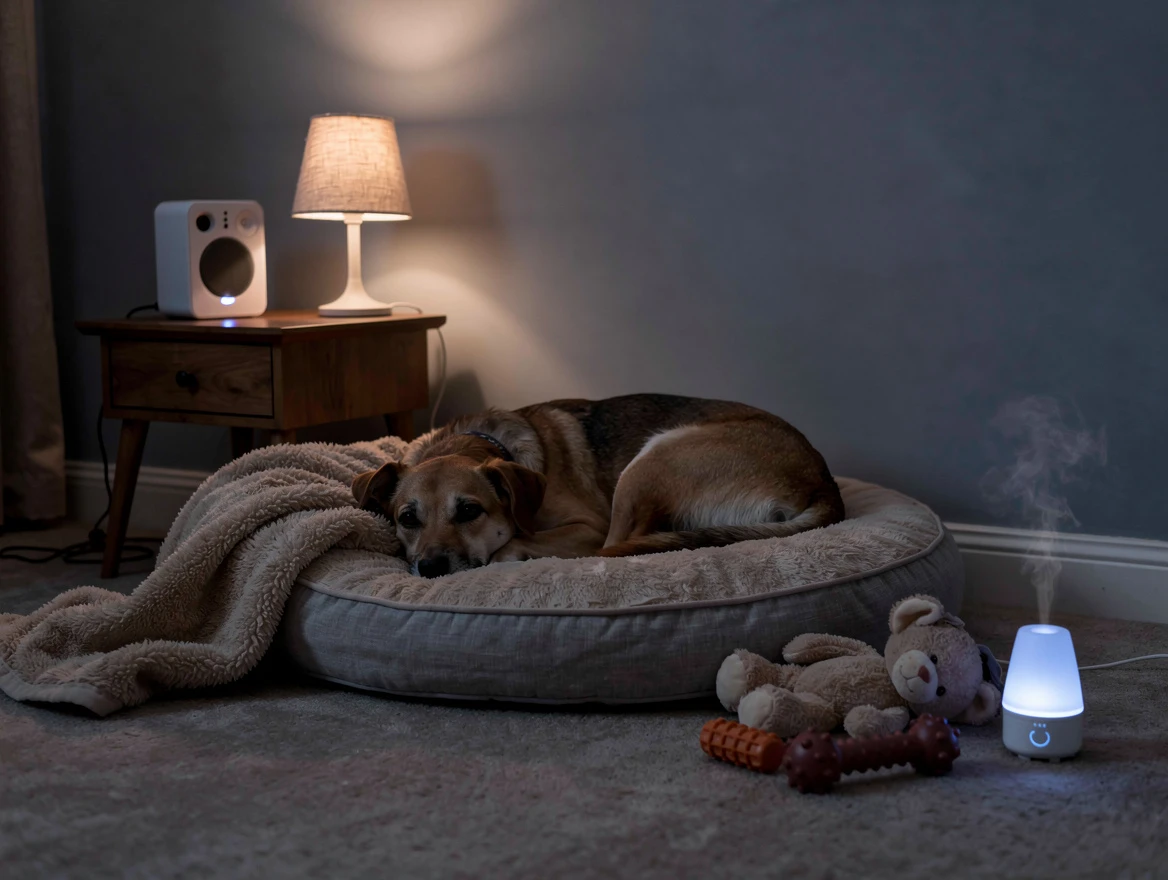 Peaceful nighttime dog sleep area with soft bedding — calming sleep environment