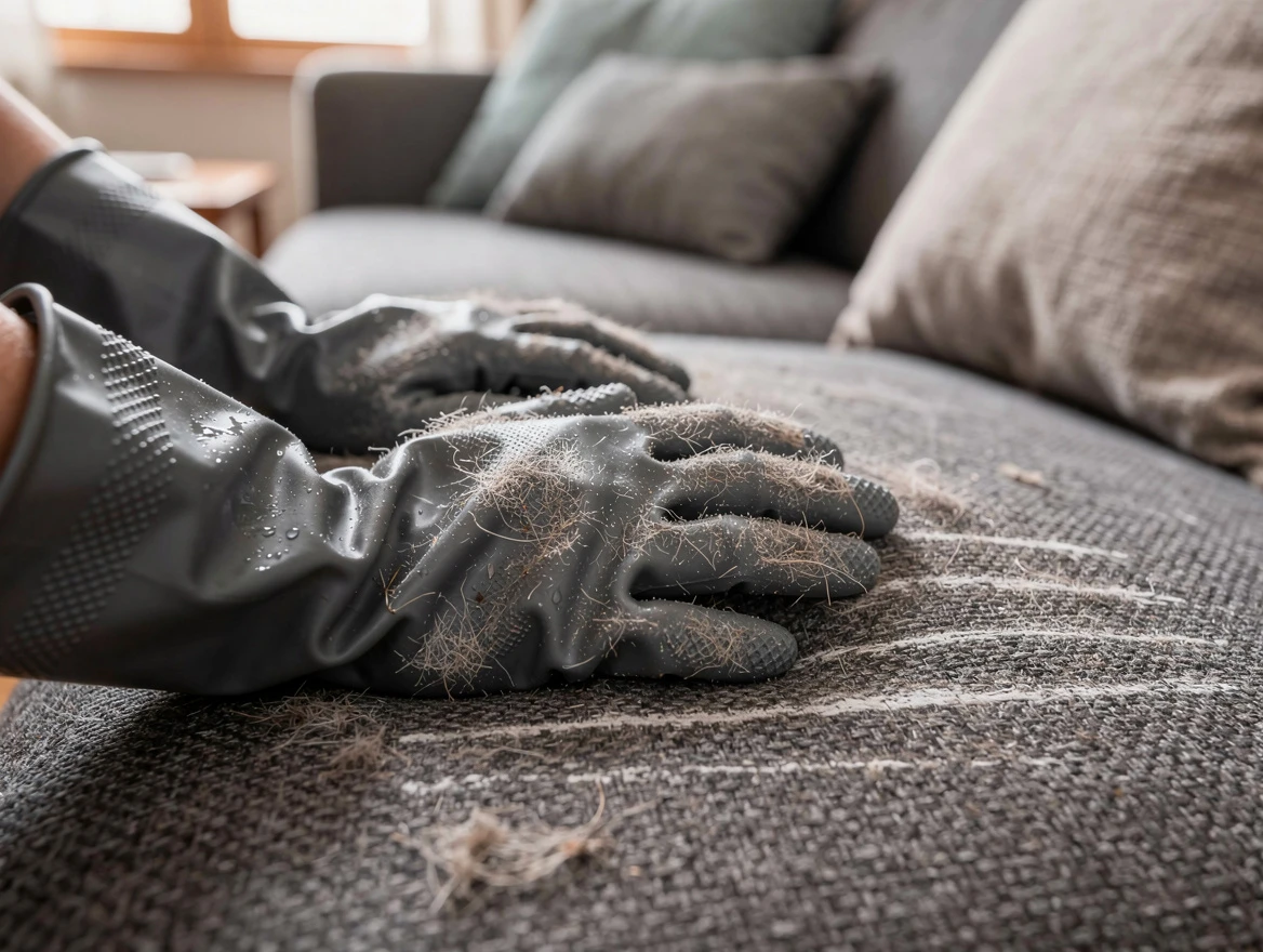 Damp rubber gloves removing pet hair from sofa upholstery — quick cleaning hack