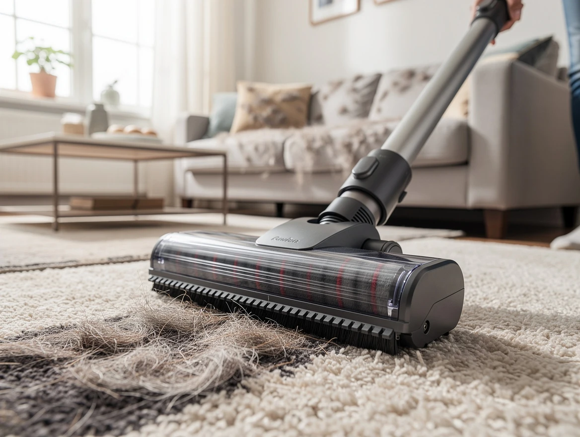 Vacuum cleaner with pet hair attachment removing hair from carpet and sofa