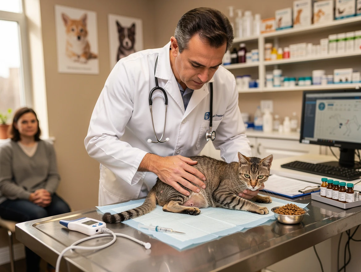 Vet examining a weak cat — causes of cat not eating or drinking and very weak