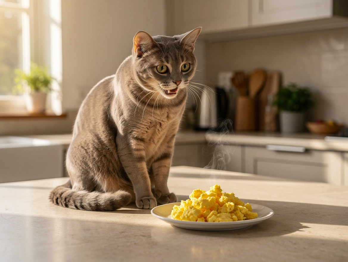 Happy cat near a plate of scrambled eggs in a kitchen — can cats eat eggs
