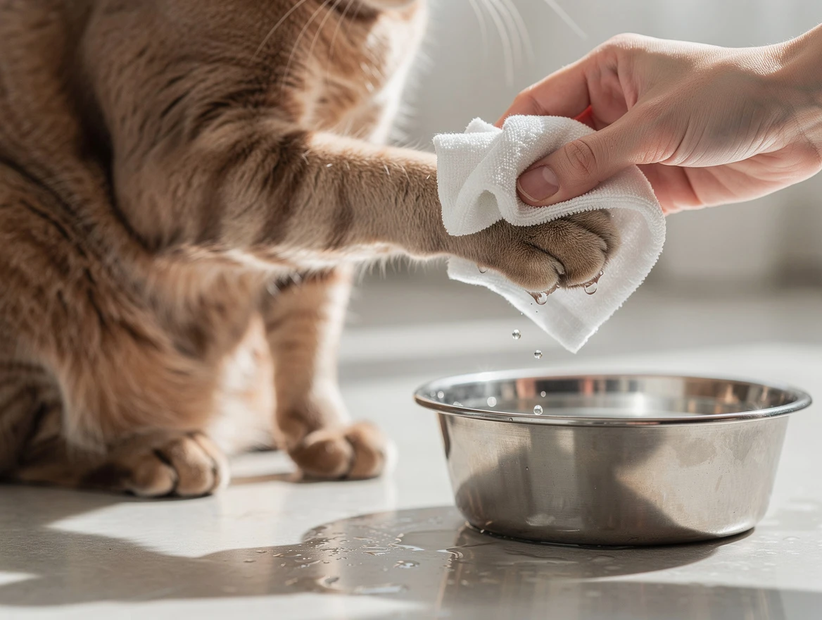 Cat paws being gently wiped with damp cloth after chemical exposure