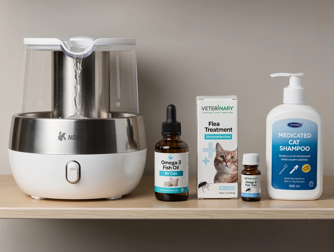 Cat care products including water fountain, omega-3 supplements, and medicated shampoo