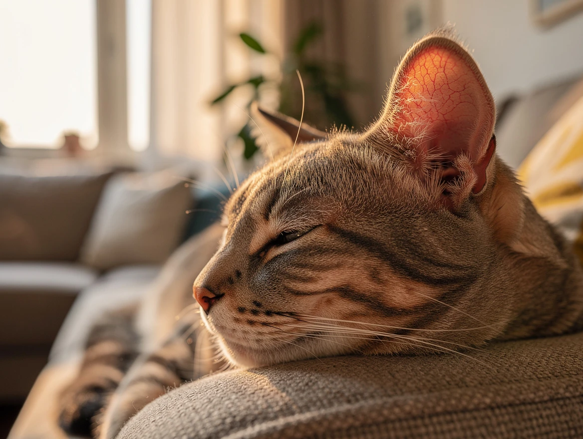 Cat with warm ears lounging in sunlit room — my cats ears are hot