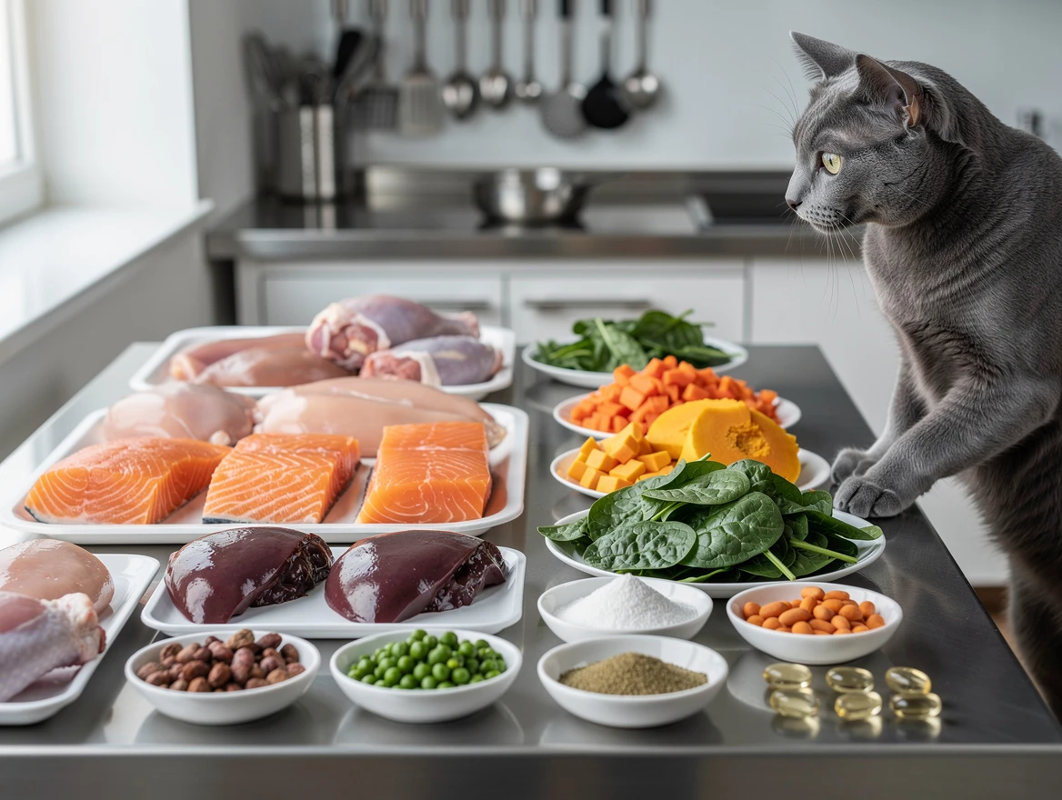 Fresh meats, fish and supplements laid out for home cooked cat food recipes
