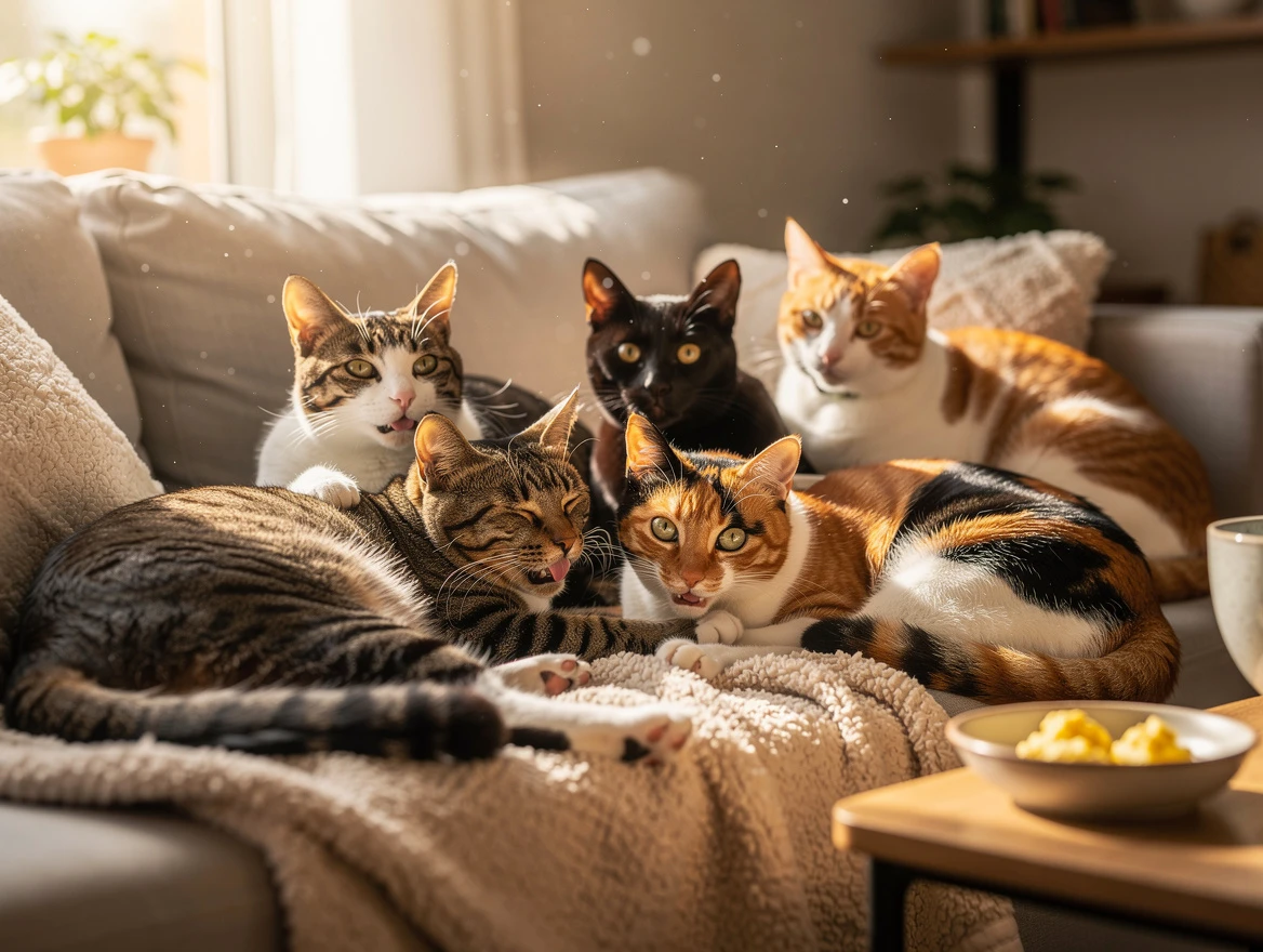 Multiple cats with shiny coats showing positive health effects of eggs in diet